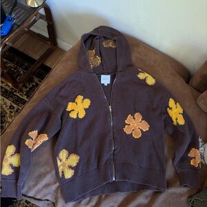 Le Lis Brown Hoodie with Yellow Floral Intarsia